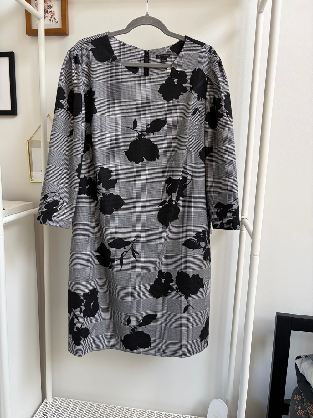 Ann Taylor Gray Plaid Midi Dress with Black Floral Print